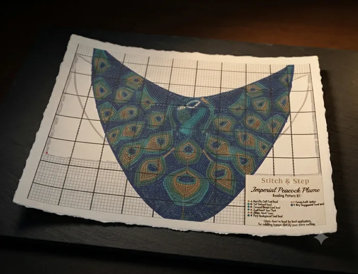 Imperial Peacock Plume beading pattern kit chart on a beaded shoe vamp shape